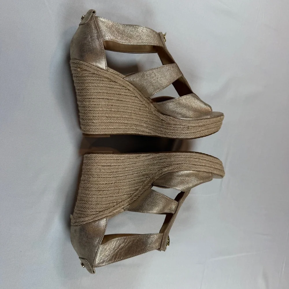 Michael Kors Gold Danita Metallic Leather Front Zip Espadrille Wedge Sandals 10M